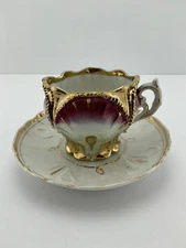Vintage Porcelain White and Magenta, Gold Gilt Footed Teacup & Saucer
