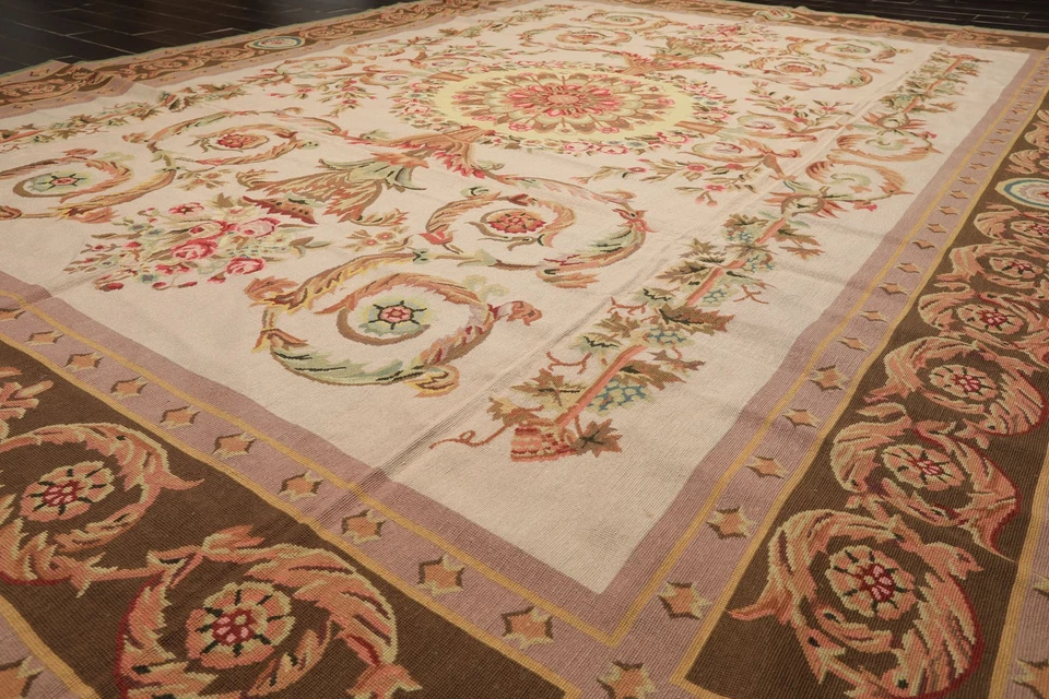 8'10''x11'10'' Hand Woven Flatweave Wool Ivory French Aubusson Needlepoint Rug - Image 3 of 4