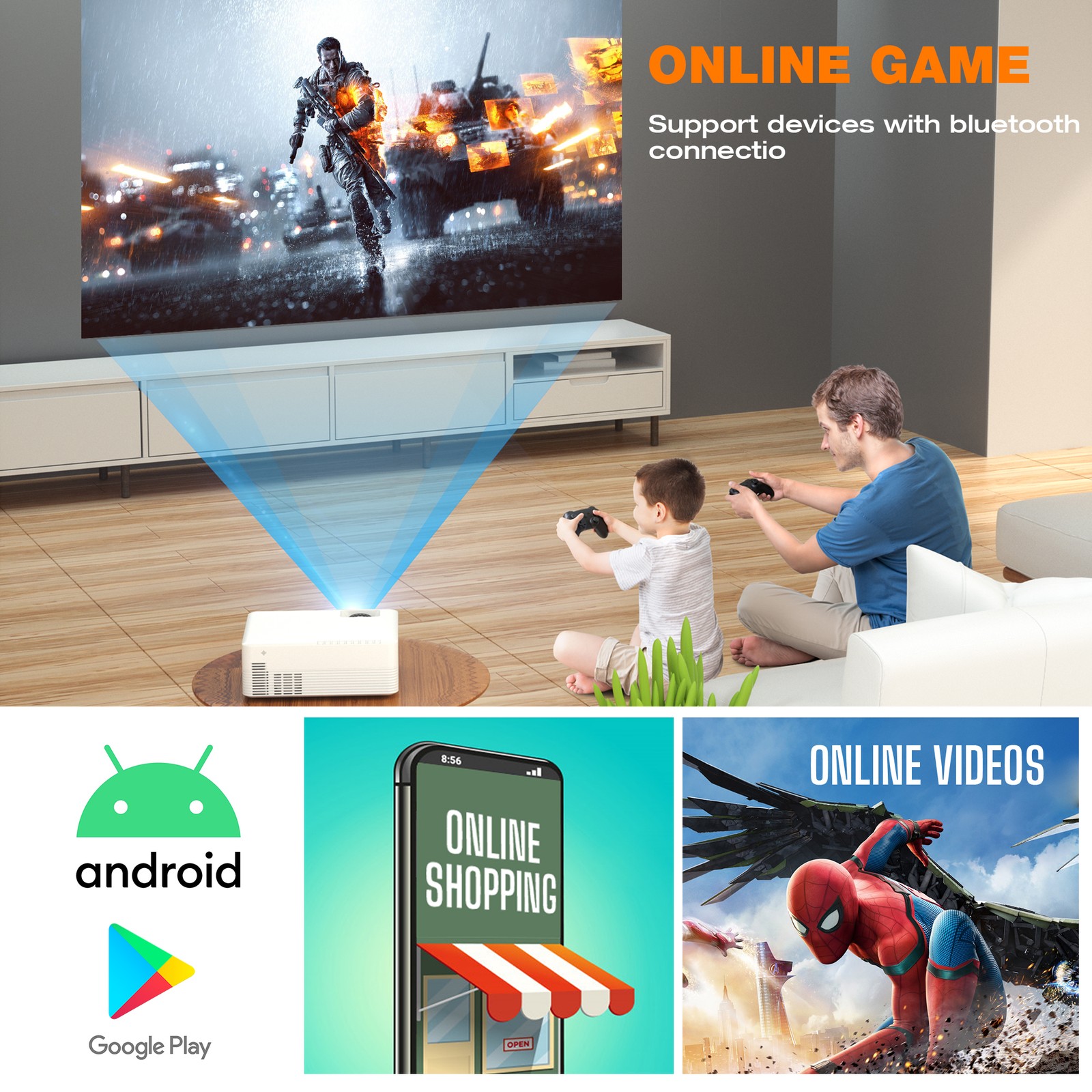 JEEMAK 4K Android WiFi Bluetooth Mini Projector Smart Home Movie Video Projector