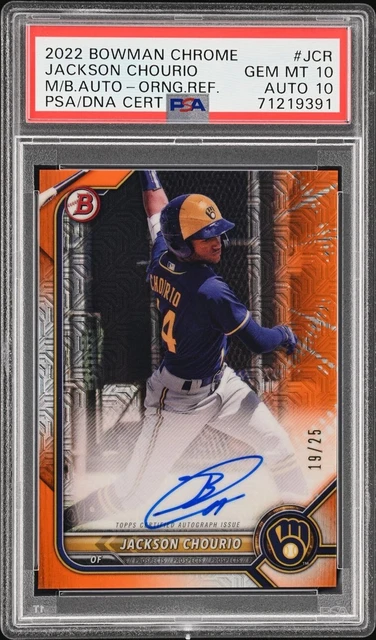 Jackson Chourio 2022 Bowman Chrome Orange Mojo Refractor Auto /25 PSA 10 Brewers