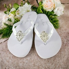 Rhinestone Lace Embellishment Flip Flops - White Flat with Satin Ribbons - Women