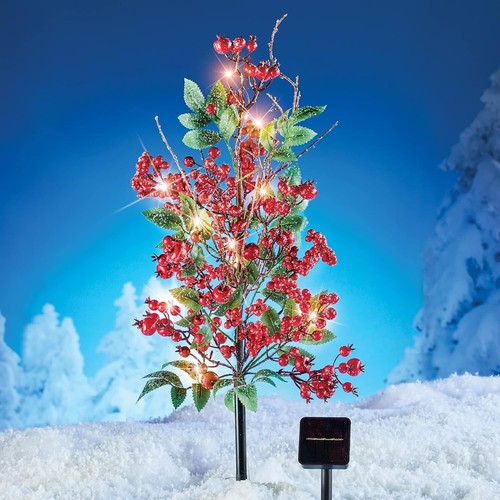 Solar Lighted Christmas Holly Berry Branches Outdoor Garden Stake - Picture 2 of 2