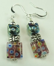 Kitty Cat Earrings with Millifiori Floral  Butterflies Handmade