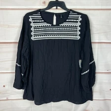 Lane Bryant Top Women 20 Black Embroidered Cotton Gauze Blouse Puff Sleeve Woven