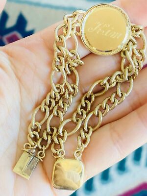 gold over sterling  engraved Kim charm double link chain bracelet 7.25''