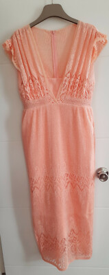 Three Floor Peach Ladies Prom Wedding Bridemaids Floral Lace Long Dress Size 10