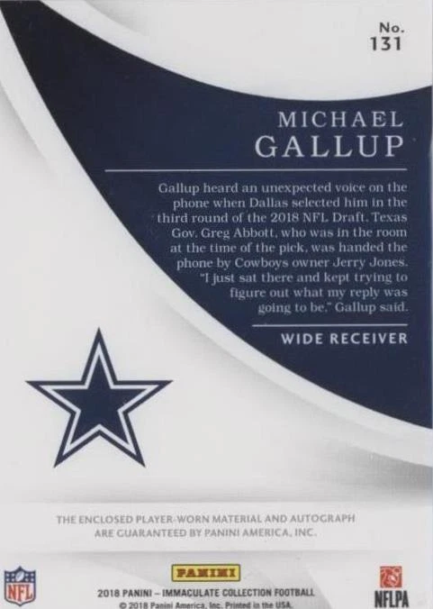 2018 Panini Immaculate Collection Michael Gallup #131 - 2 of 2