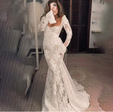 Lace Mermaid Wedding Dresses Long Sleeve Square Neck Bride Gown Appliques Bride