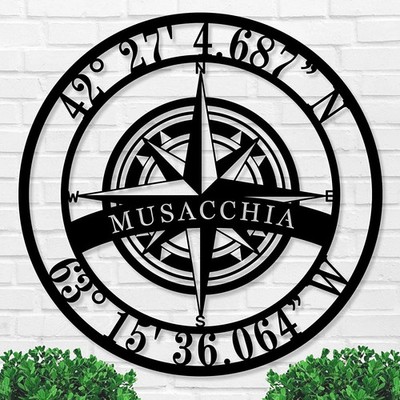 Personalized Nautical Compass Metal Sign, Custom Longitude and Latitude Decor
