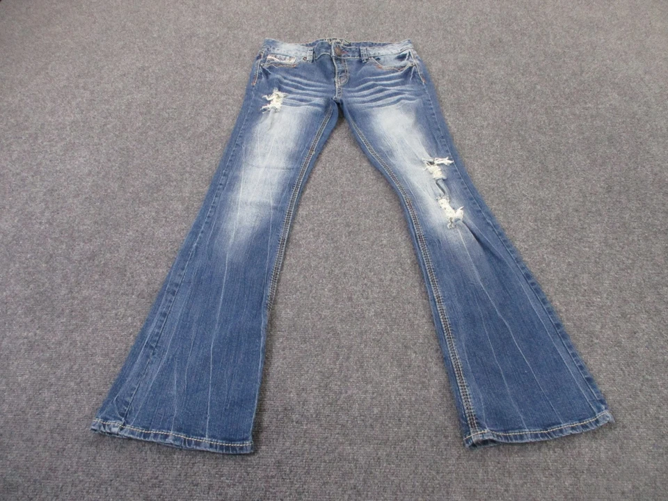 Pantalones de mezclilla Amatista para mujer 9 corte bota estrás desgastados bordados desteñidos Y2K Foto 2 de 4