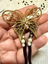 VTG.Butterfly Hair Comb Gold Tone AB Rhinestone Faux Pearl Hair Pick Ornament
