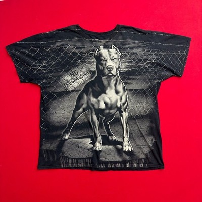 DOM Y2K Pitbull Big Print Shirt Mens XXL No Trespassing black FADED AOP ALL OVER