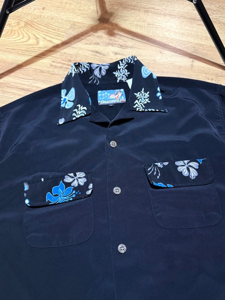 RARE Vintage Dragonfly Hawaiian Girl Back Embroidery Button Shirt Men's Size L - Image 3 of 4
