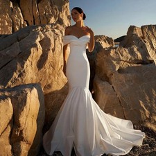 Pleated Off‑Shoulder Bridal Gown Satin Mermaid Long Train Simple Wedding Dresses