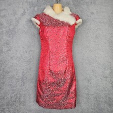 VTG Womens Cheongsam Qipao Dress XS S Red Embroidered Floral Faux Fur Collar Zip