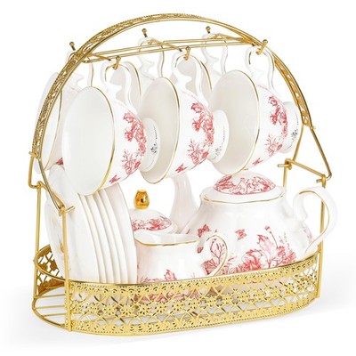 fanquare 21 Teile Britisches Vintage Porzellan Teeservice, Rote Blätter Afternoon Tea