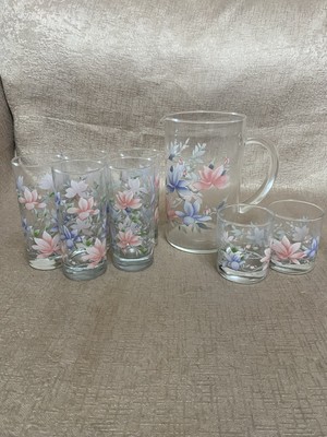 Rare Vintage Pink And Blue Floral CERVE Italy 7x Gläser & Krug Krug Set