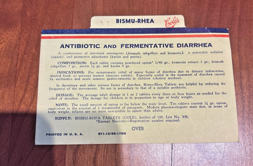 FREE SHIP! 1950s Cole's Bismu-Rhea Antibiotic Fermentative Diarrhea St Louis