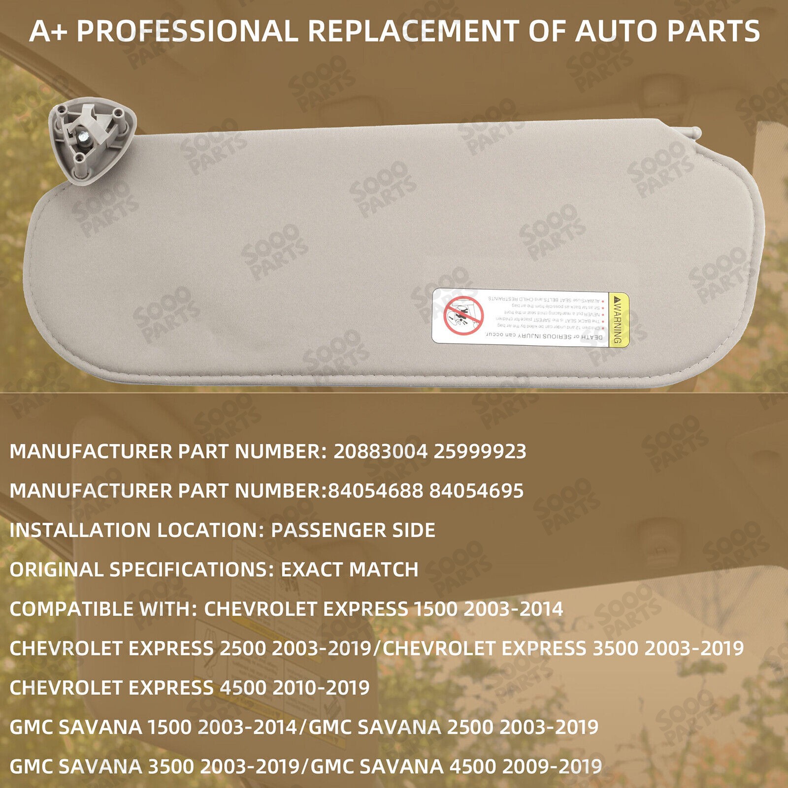 Right Side Sun Visor w/o Mirror Light For 1999-2019 Chevrolet Express GMC Savana