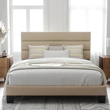 Queen Size Platform Bed Frame with Fabric Upholstered Headboard and Wooden Slats