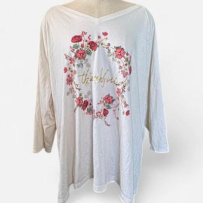 Women s White Floral  Thankful  Long Sleeve V Neck Blouse St Johnsons Bay 1X, XL