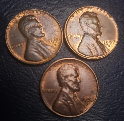 1956 1957 1958 D 1C Lincoln wheat cent penny - Toned Patina