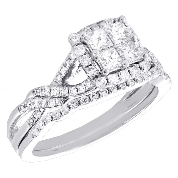 10K WeißGold Quad Diamant Braut Set Geflochten Verlobungsring + Band Set 1 Karat-image