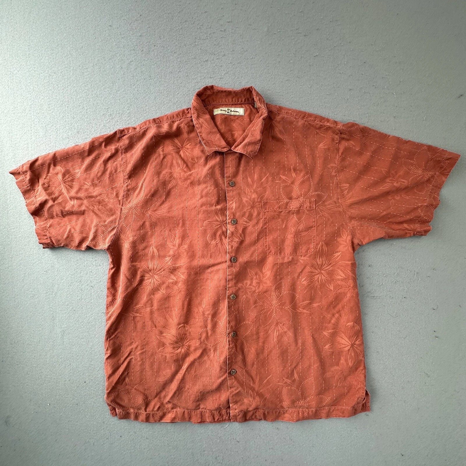 Tommy Bahama Shirt Mens Extra Large Orange Silk Hawaiian Floral Textured