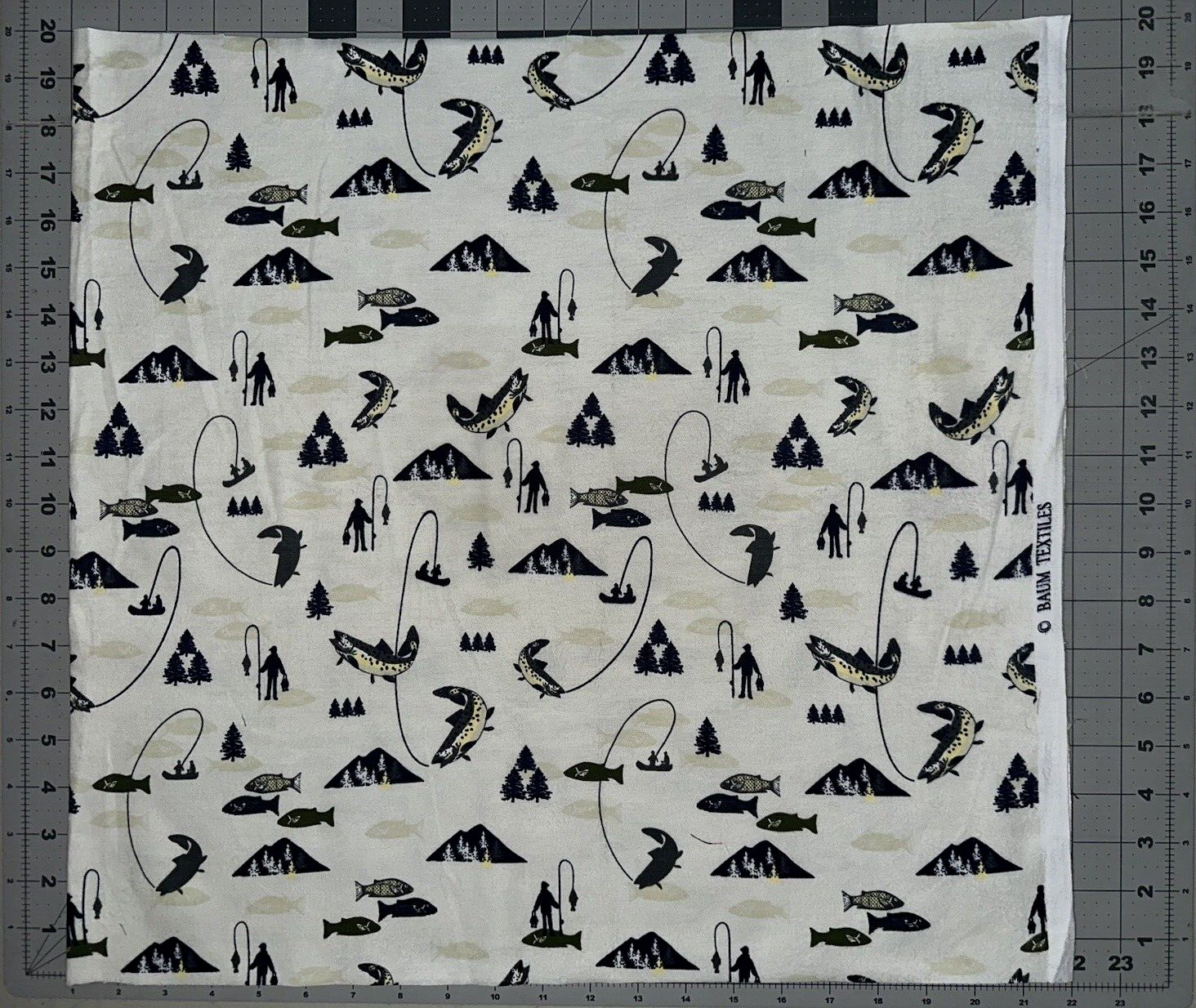 Baum Textile Fresh Water Fish Trout Fly Fishing Fisherman FLANNEL Fabric 20in