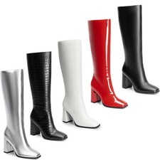 Women Knee High Boots Square Toe Chunky Heel Boots with Side Zip 3.35-Inch Heel