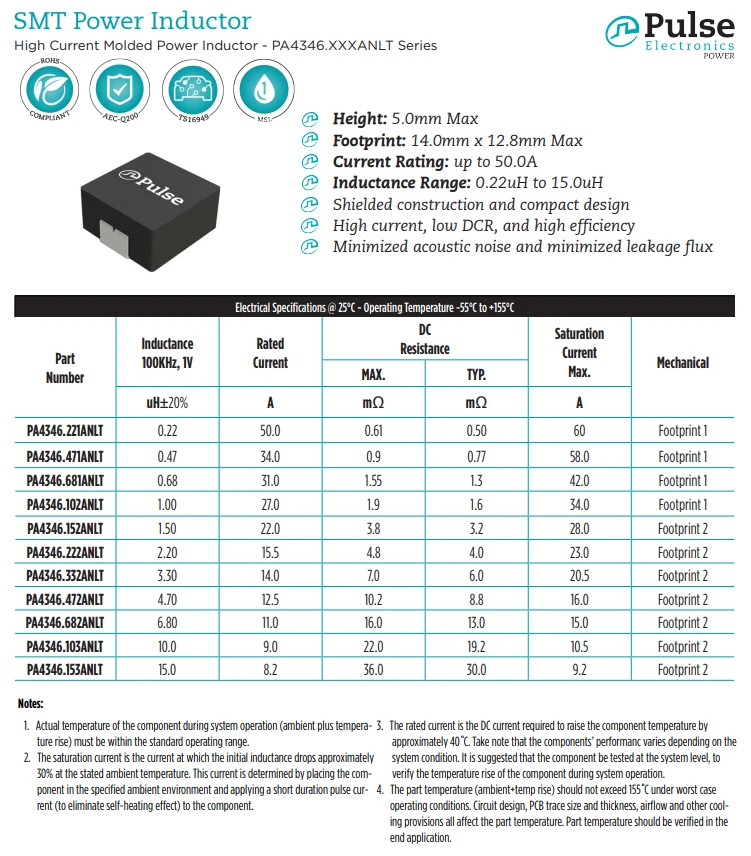 [1x] PA4346 Puls High Current Molded Power Inductor 1µH 27A ±20% 5mm SMD 2-Pad - Bild 4 von 4