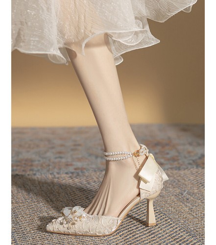New Women's Bow High Heels Party Shoes Pearl Chain Pointed Toe Princess Shoes Sz - 第 1/20 張圖片