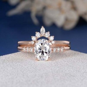 Authentic 2Ct Oval White Moissanite 14K Rose Gold Plated Curved Bridal Set Engagement Ring