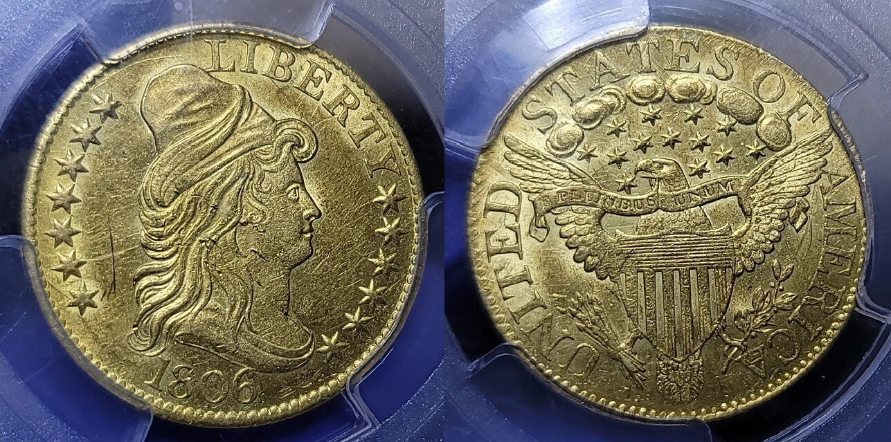 1806 Draped Bust $5 Gold Half Eagle Round 6, 7x6 Stars PCGS UNC Details Scratch