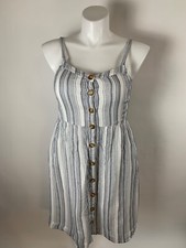 Ann Taylor Loft Navy White Stitch Stripe Button Down Fit Flare Dress 12
