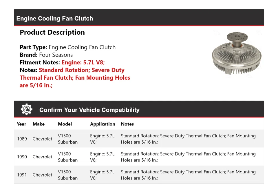 Embrague ventilador refrigeración motor 5,7 L 4 estaciones Chevrolet V1500 Suburban 1989-1991 Foto 2 de 4