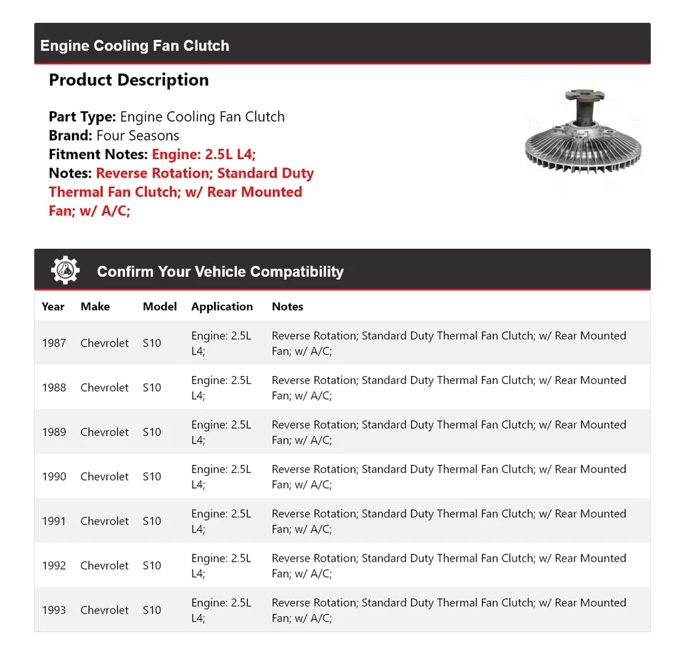 For 1987-1993 Chevrolet S10 2.5L L4 Engine Cooling Fan Clutch 4 Seasons 1988 - Image 2 of 4