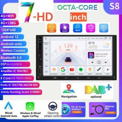 7 Zoll 8+128GB Android 12 Autoradio 2 DIN GPS Navi WiFi DAB+ Carplay DSP RDS AUX