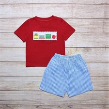 NEW Boutique Back to School Apple Applique Boys Shorts Outfit Set
