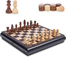 Wooden Chess Checkers Game Set 15.5" Large Size Board W/Storage Drawers, Weighte
