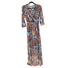 Emerald Womens Floral Maxi Dress Belted 3/4 Sleeve Brown Colorful M