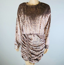 Shein Dress Womens Brown Satiny Velvet Metallic Accents Ruched Above Knee L *