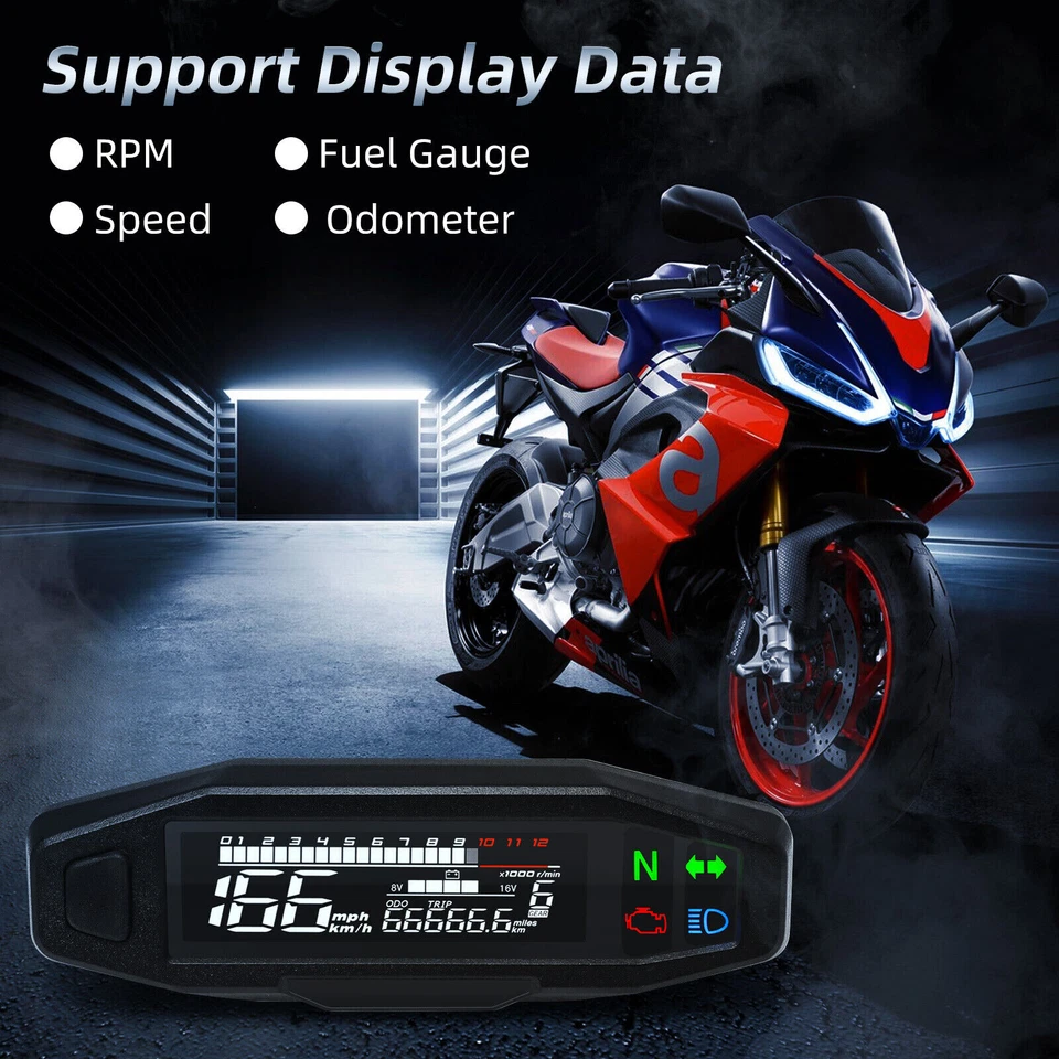 Universal Digital LCD Speedometer Tachometer Fuel Gauge for Motorcycle 12V Black - Image 4 of 4