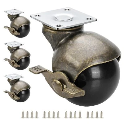 JGJC Casters Set Of 4 Antique Brass Casters With Brake 2 Inch Ball Castor Wheels For