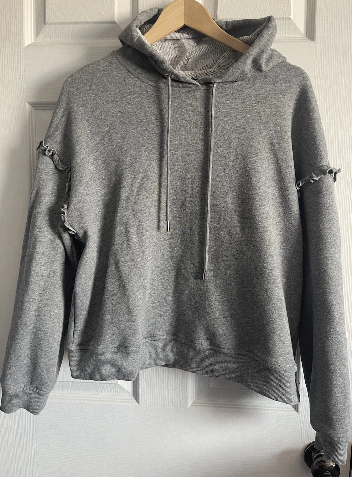 Cynthia Rowley Hoodie Womens Large Gray Pullover Drop Shoulder Ruffle Sweatshirt
