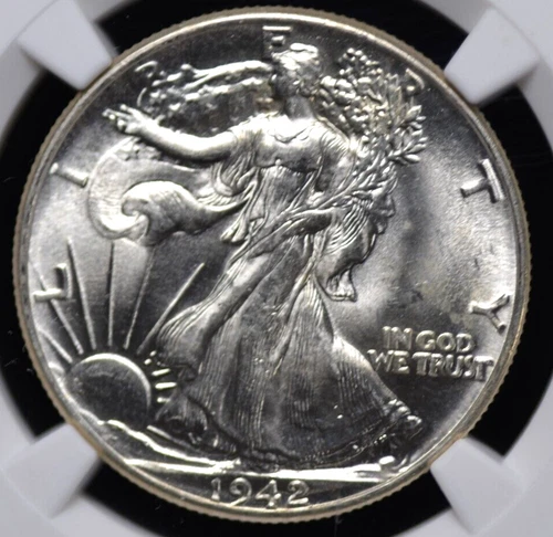 1942 WALKING LIBERTY HALF NGC MS 62 WHITE SATINY LUSTER, STRONG STRIKE, AND FEW