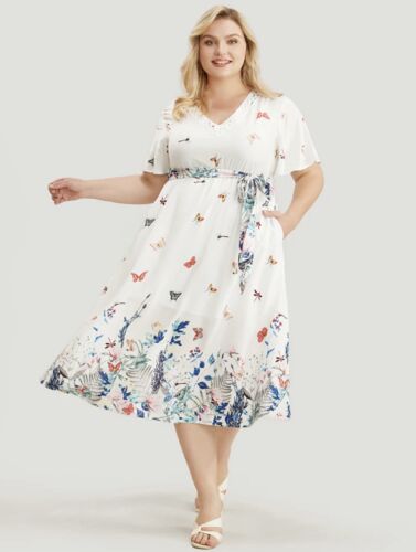 BloomChic Floral & Butterfly Print Contrast Lace Belted Ruffle Dress Size 28