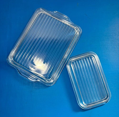 2 VTG Pyrex 502-C / 503-C Replacement LIDS Ribbed Clear Glass Refrigerator Dish