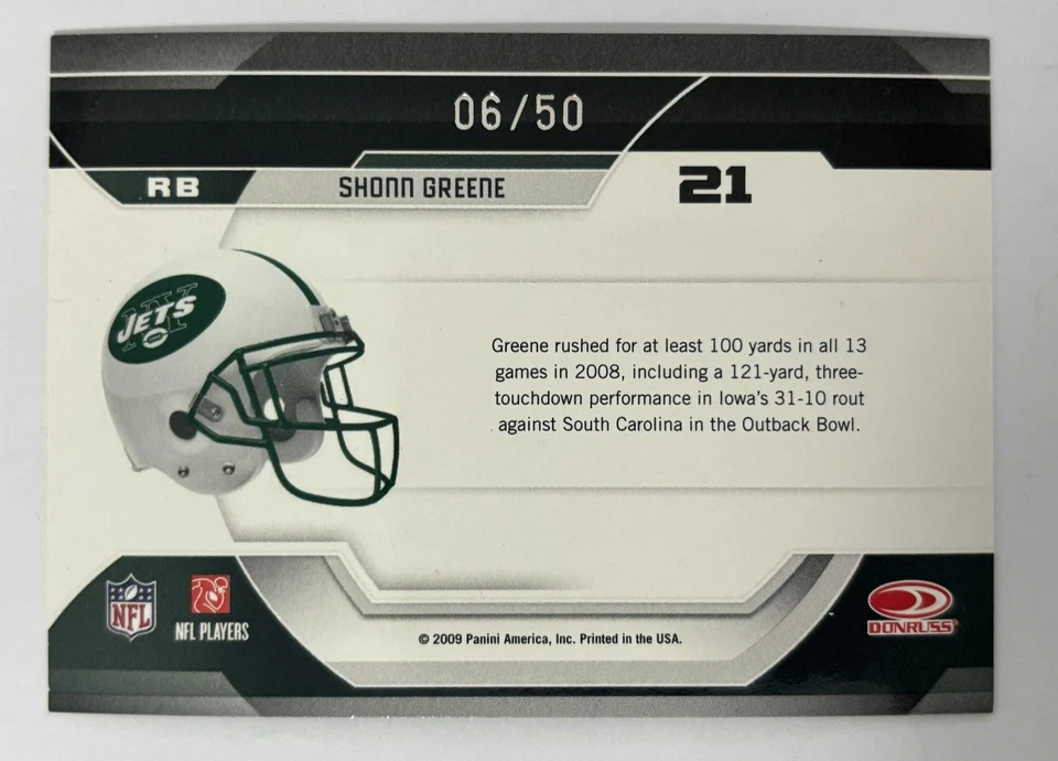 Shonn Greene 2009 Donruss Certified Potential Blue #21 #/50 - New York Jets - Image 2 of 2