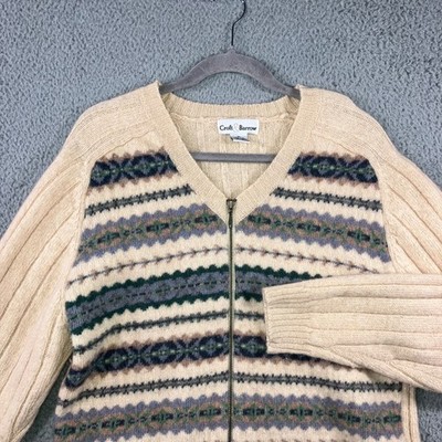 Vtg Croft & Barrow Sweater Women XL 100% Wool Knit Zip Front Striped Beige